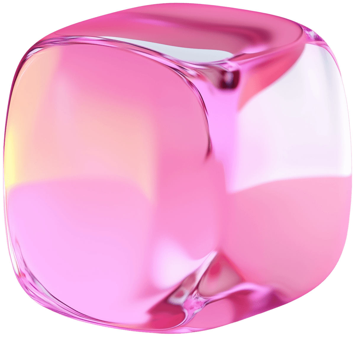 A 3D-rendered glossy pink cube with rounded edges and smooth reflective surfaces on a transparent background.