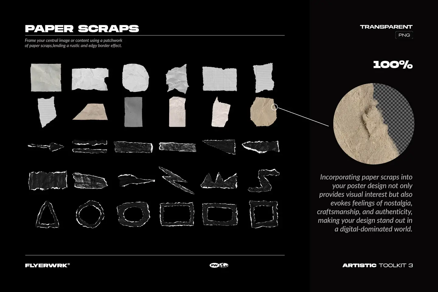 Artistic Toolkit 3 torn paper scraps and collage elements for poster design