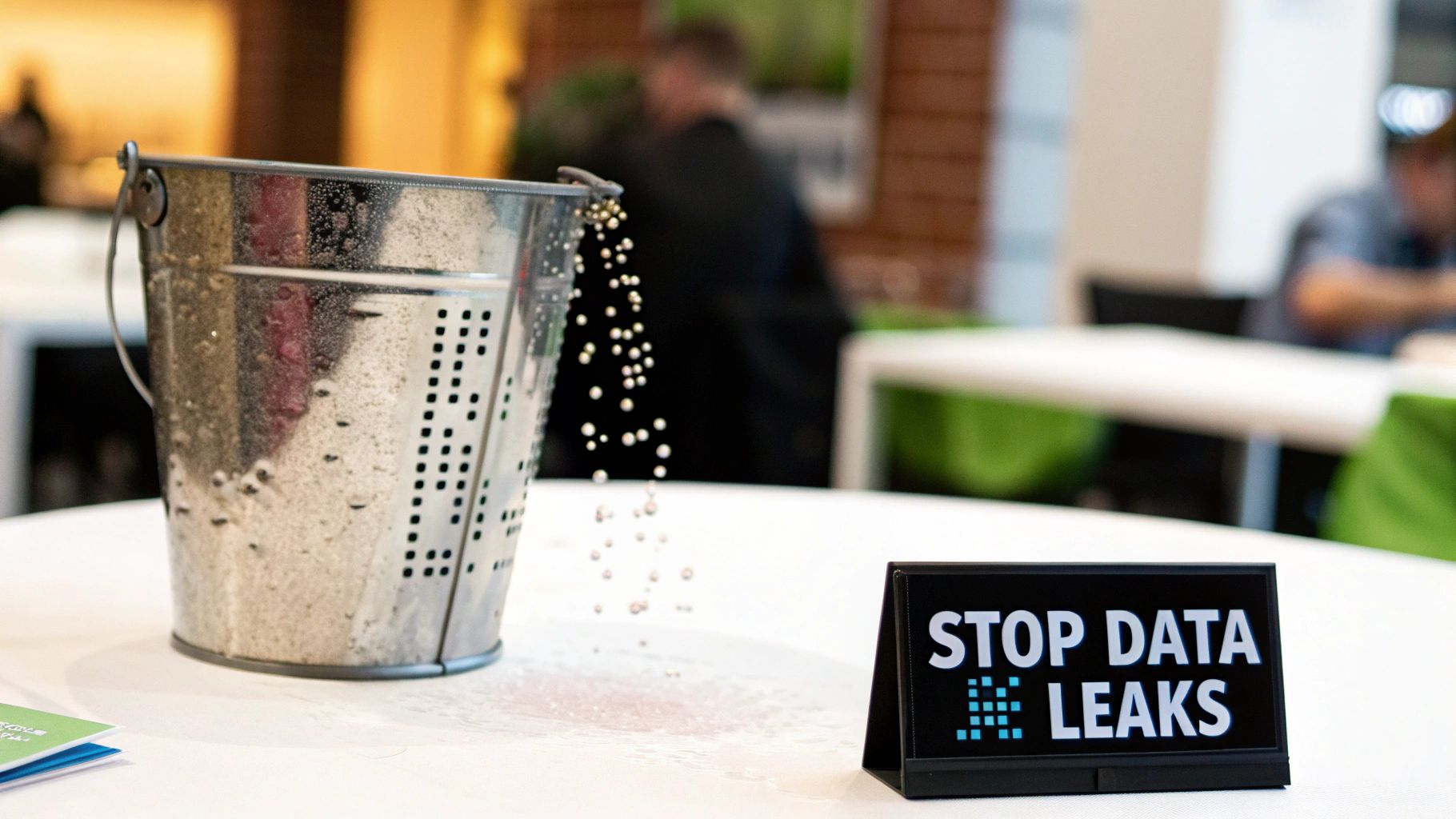A leaky metal bucket spills small beads, next to a sign reading 'STOP DATA LEAKS'.