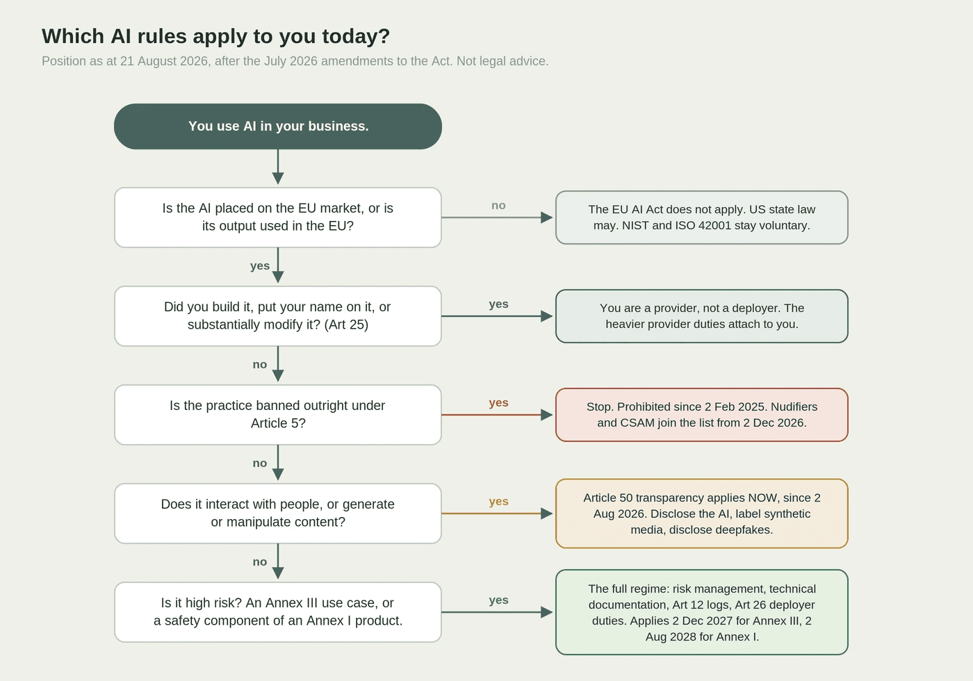 Decision tree titled Which AI rules apply to you today. Five questions covering EU market scope, provider or deployer status under the EU AI Act, its Article 5 prohibitions, its Article 50 transparency duties and high risk classification, each branching to what applies and from when.