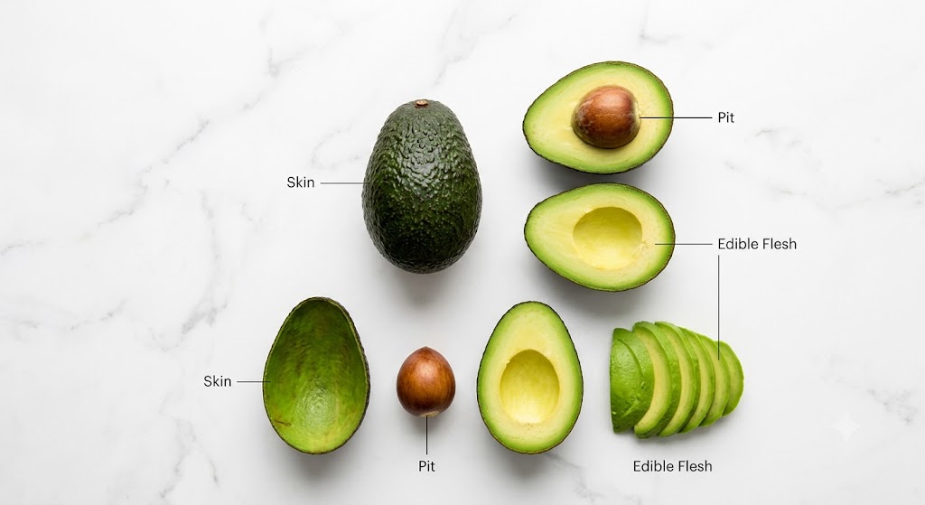 An organized top-down nutrition infographic on a marble surface, displaying a whole avocado, neat slices, hollow halves, and seeds with minimalist labels indicating Pit, Skin, and Edible Flesh.