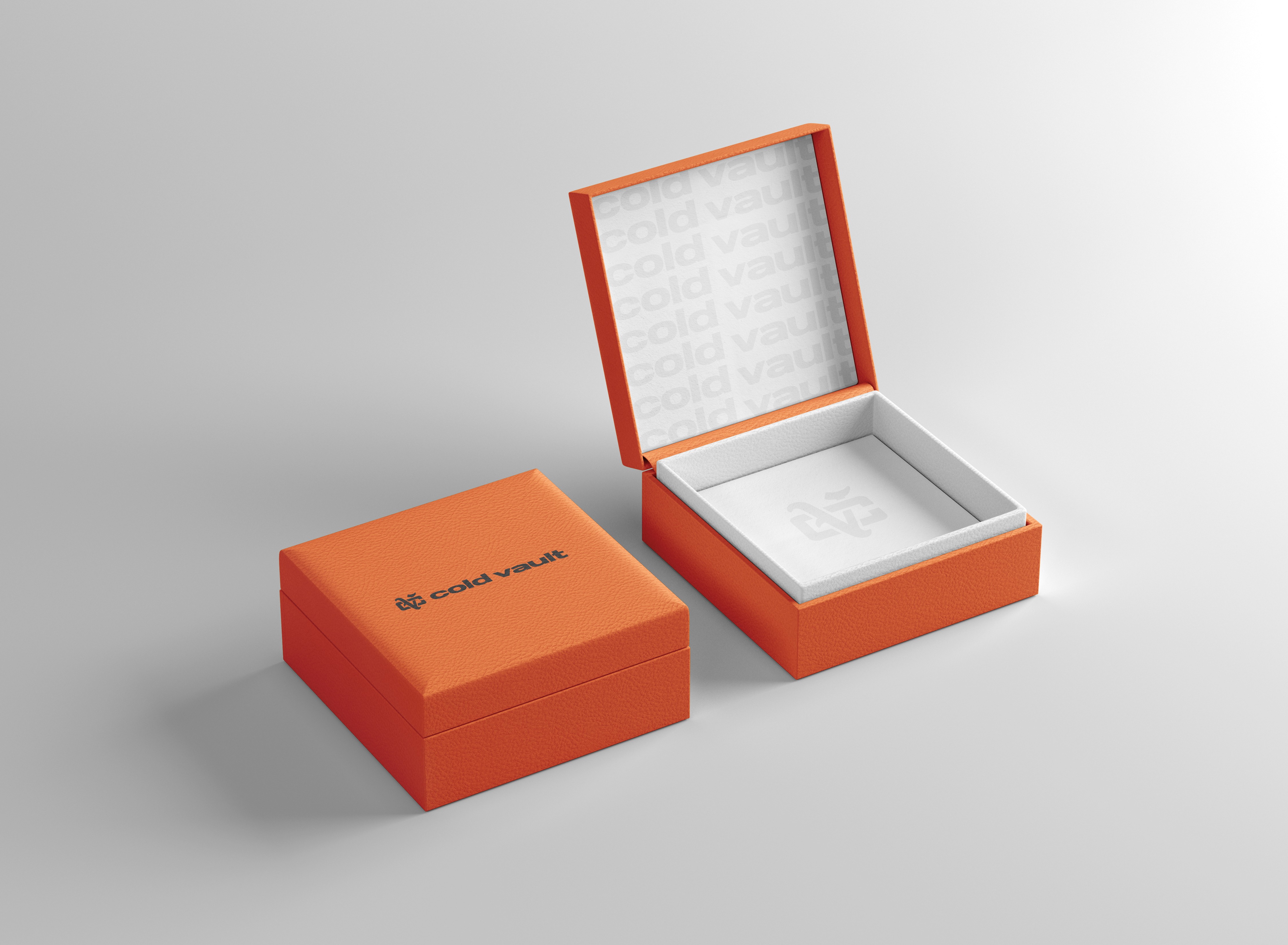 Minimalist packaging design for Cold Vault, including branded jewellery box