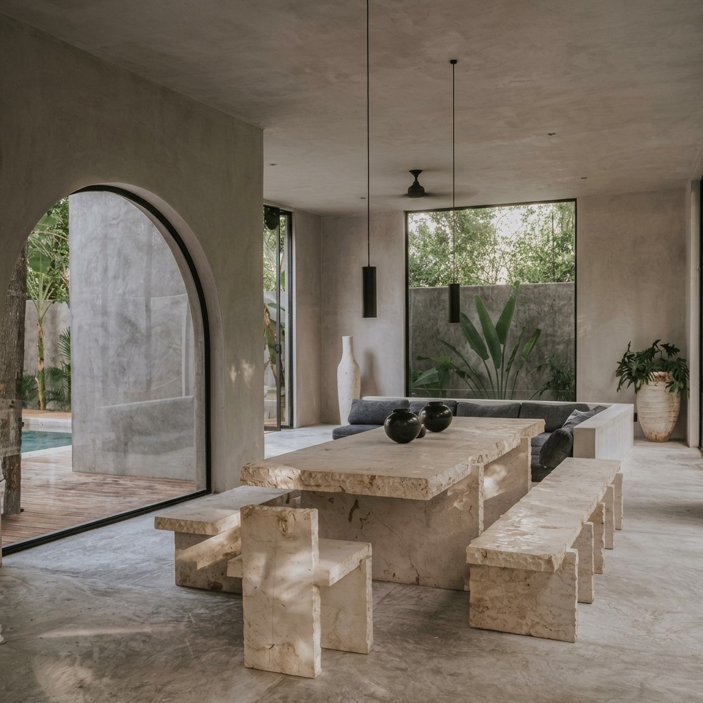 Brutalist dining room with concrete walls and a massive, rough-hewn stone table with matching structural stone benches.