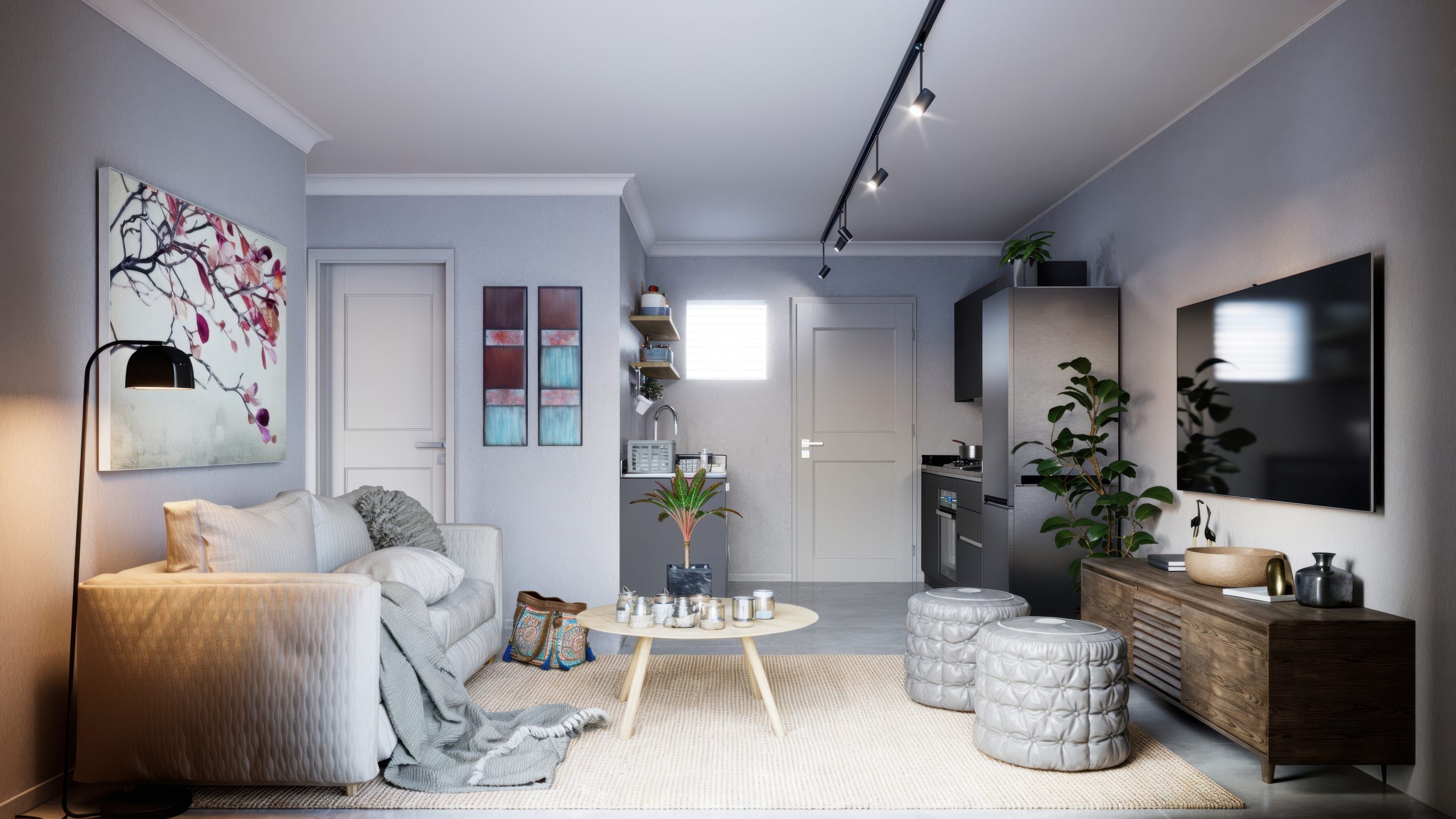 Living room with stairs to the second floor