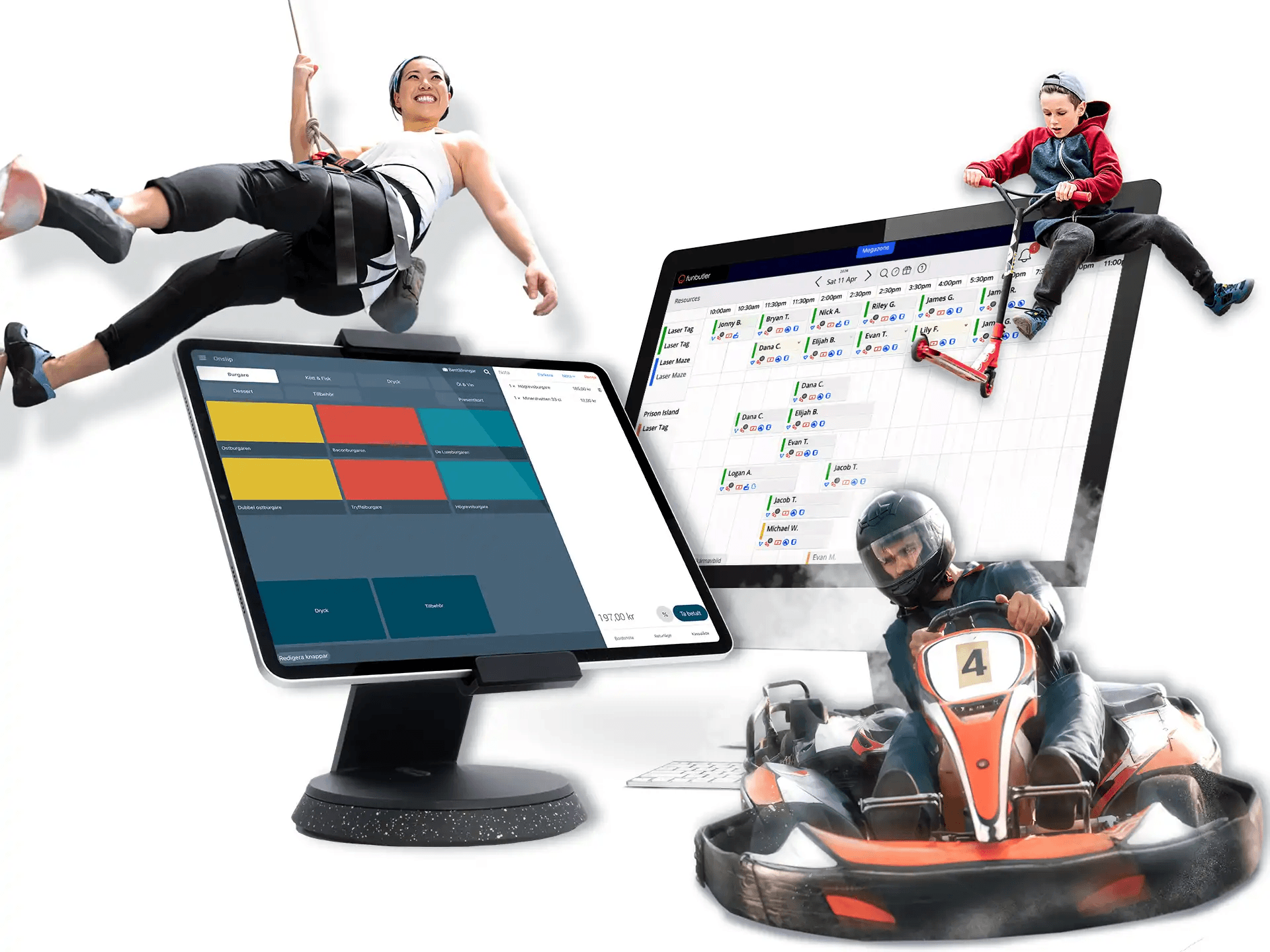 A young person with curly hair smiles at the camera while sitting in front of a laptop against a dark background.