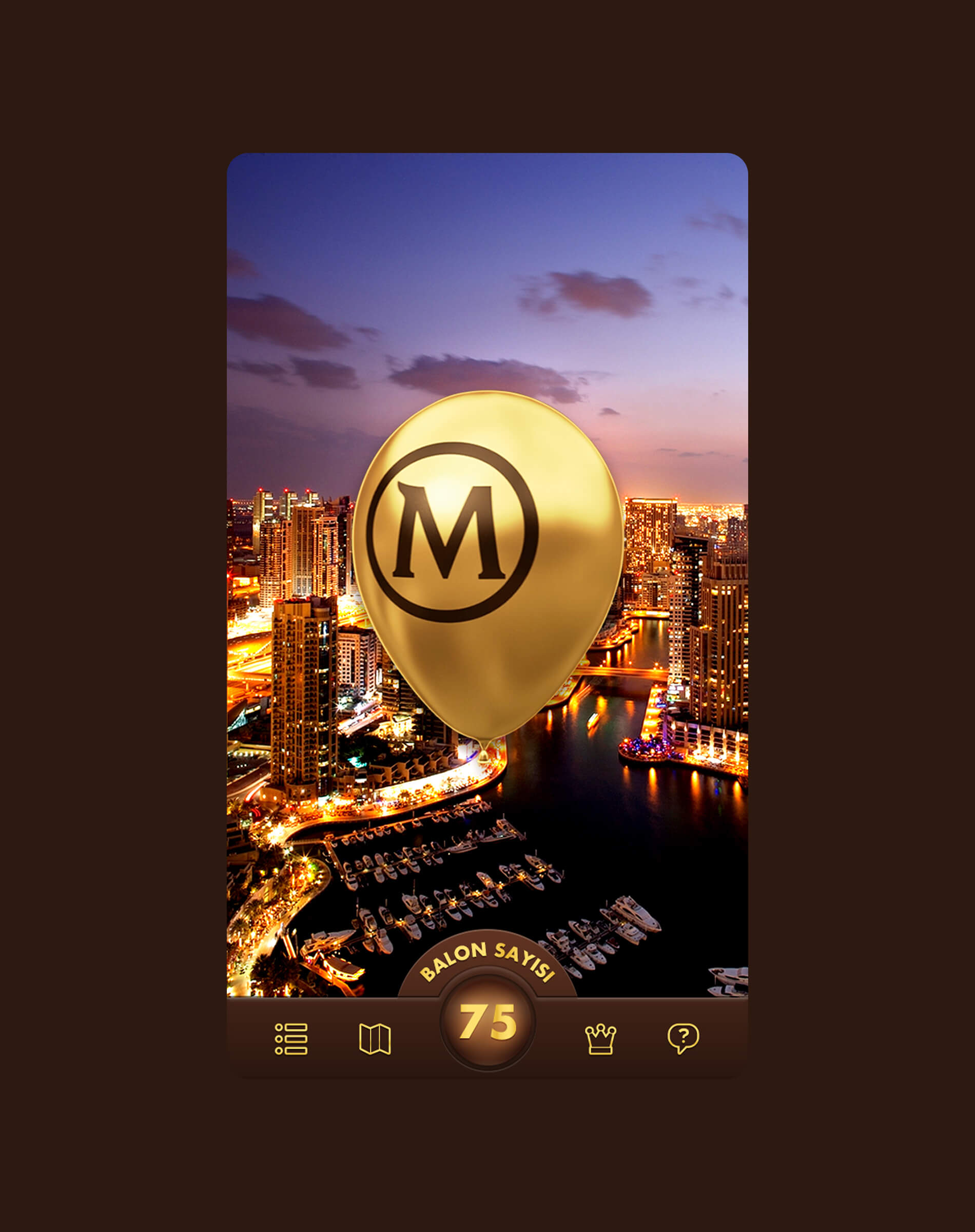 Magnum 25th anniversary app map screen with Istanbul city map, golden balloon markers, and highlighted balloon showing 120 remaining; dark luxury theme.