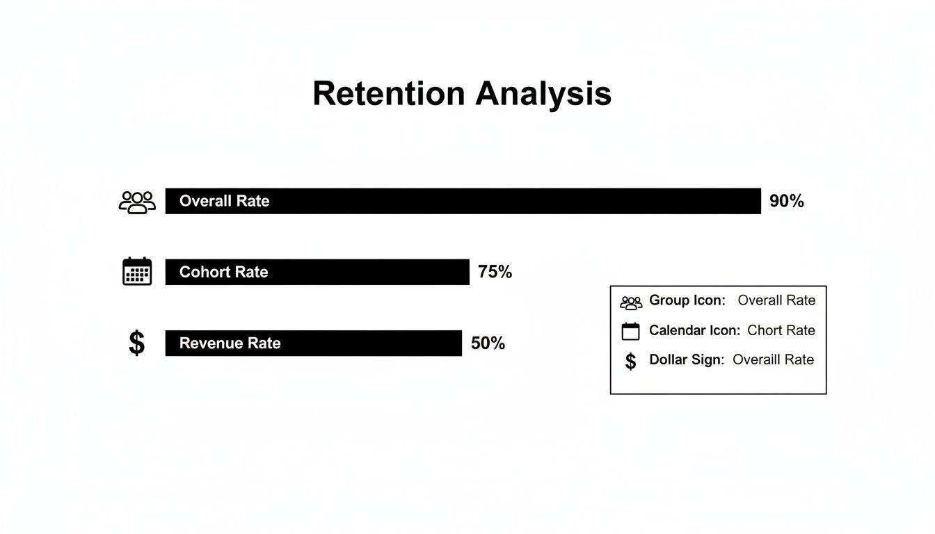 Bar chart showing overall, cohort, and revenue retention rates with corresponding icons.