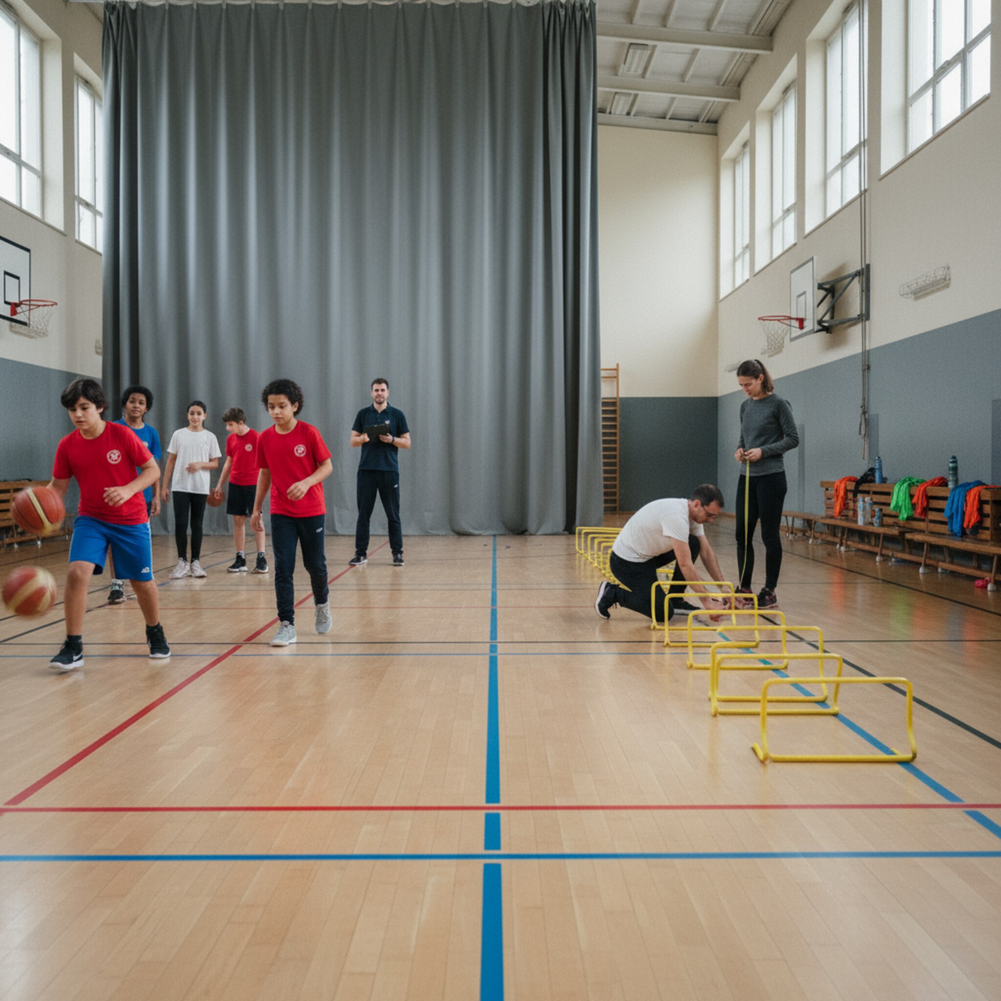 Ein geteilter Hallenabschnitt ist durch einen grauen Vorhang getrennt. Links übt eine Jugendmannschaft Dribblings, rechts bauen zwei Personen Hürden auf. Die Felder sind klar markiert, Bänke stehen exakt ausgerichtet. Alles wirkt synchron, als folge der Ablauf einem festen Plan.