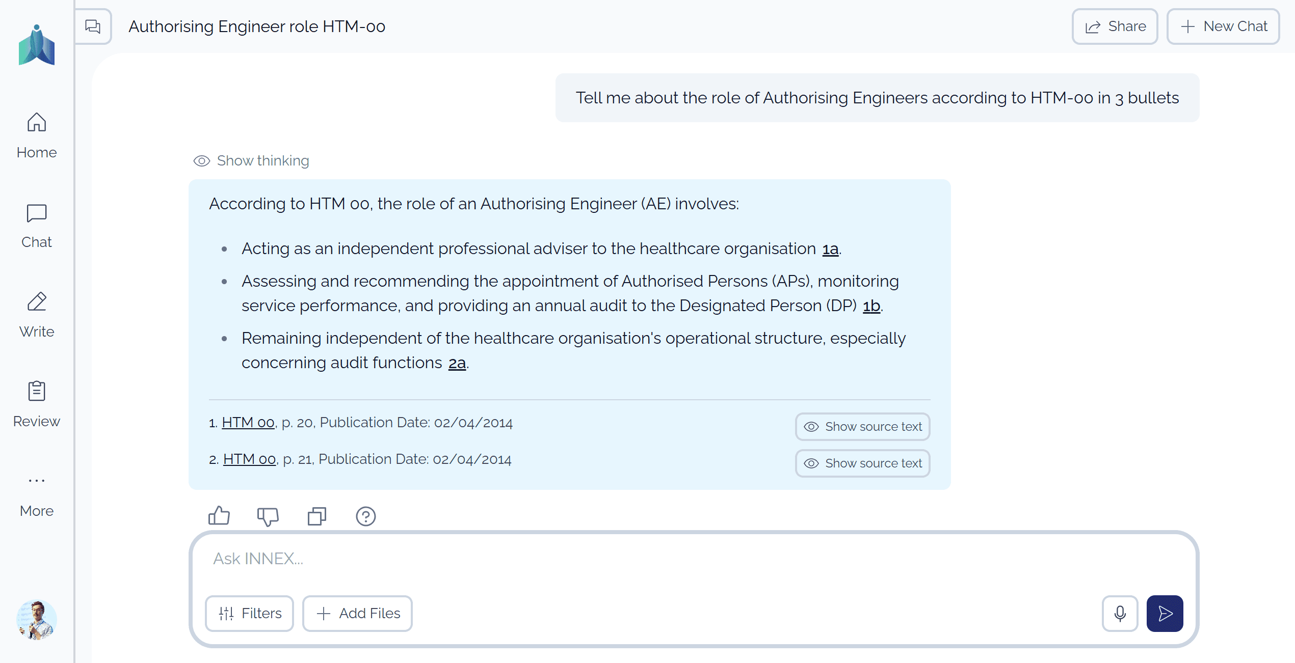 CompliMind chat explaining the role of Authorising Engineers according to HTM-00