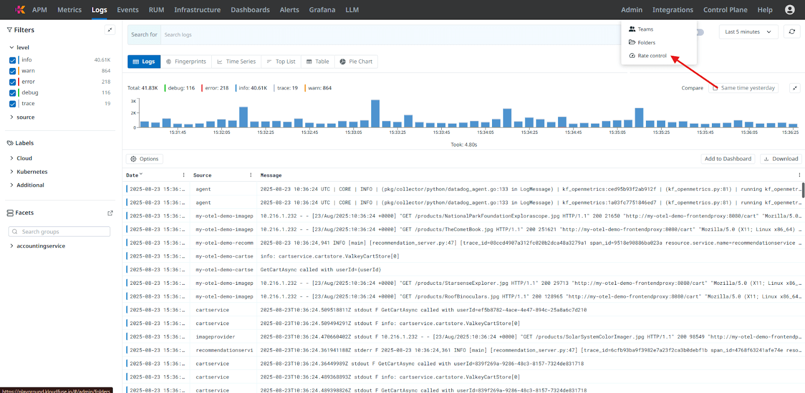 Kloudfuse Admin — open Rate Control to cap telemetry ingestion