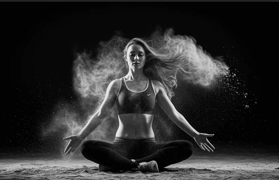 Cinematic black and white key visual of a woman in a meditative state, surrounded by an explosion of raw dust. Represents the grounded, human element of the Vita Fusion brand identity before the infusion of the digital 'Message.'