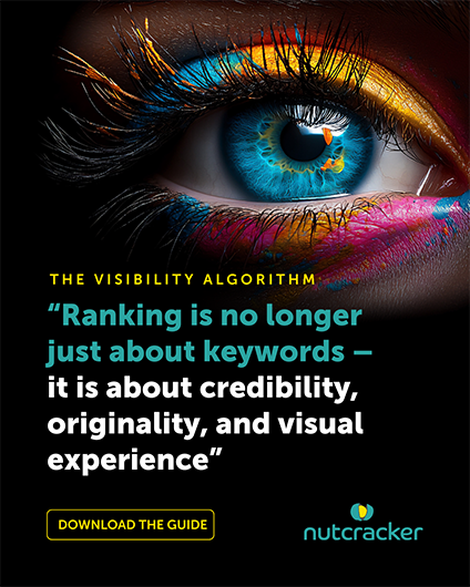 A stunning, colourful image of an eye symbolising and emphasising the power of design with the quote from the guide "Ranking is no longer just about keywords – it is about credibility, originality, and visual experience"