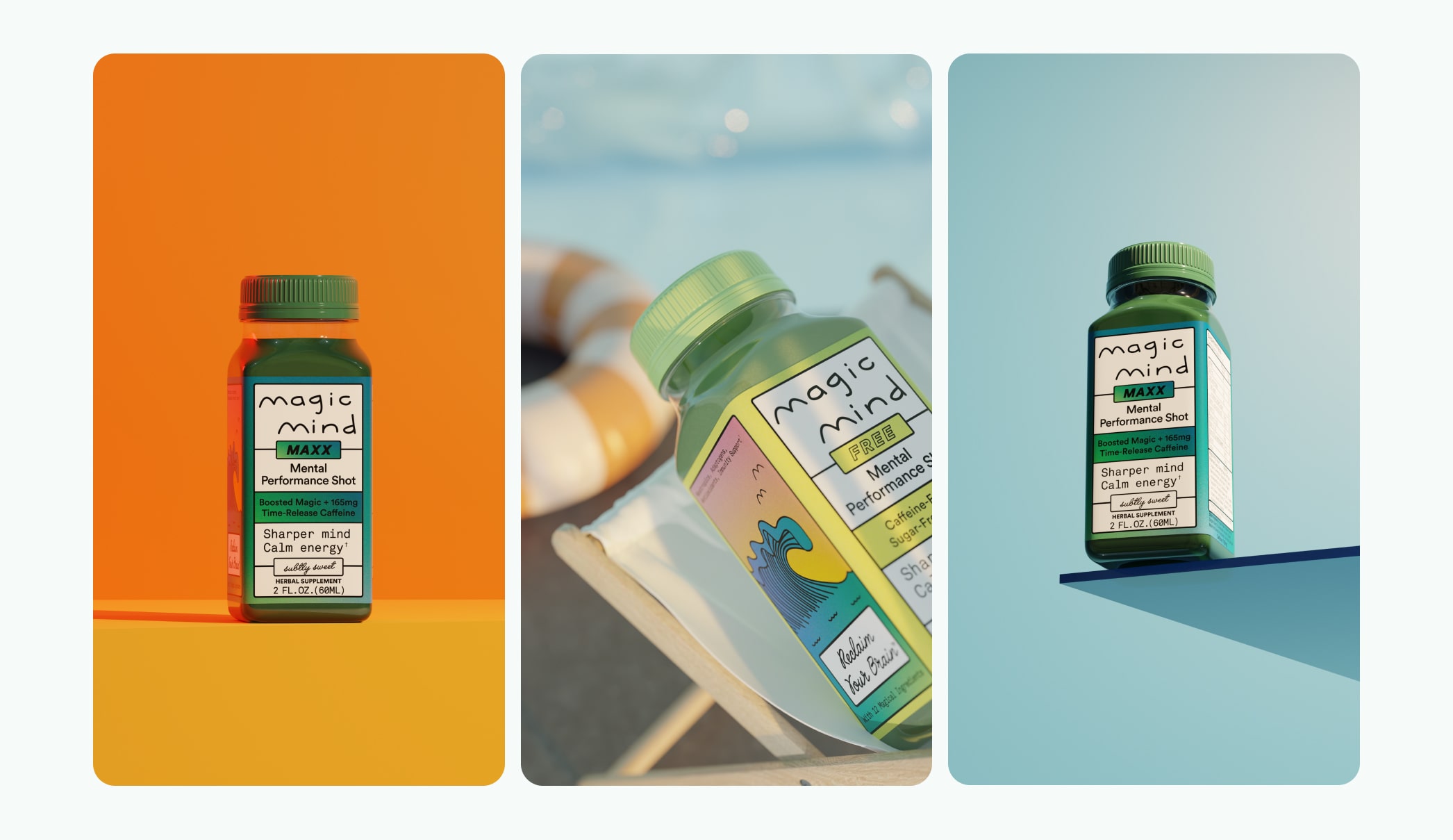 3D product visualization of Magic Mind perfomance booster shot in orange, blue, and beach settings.