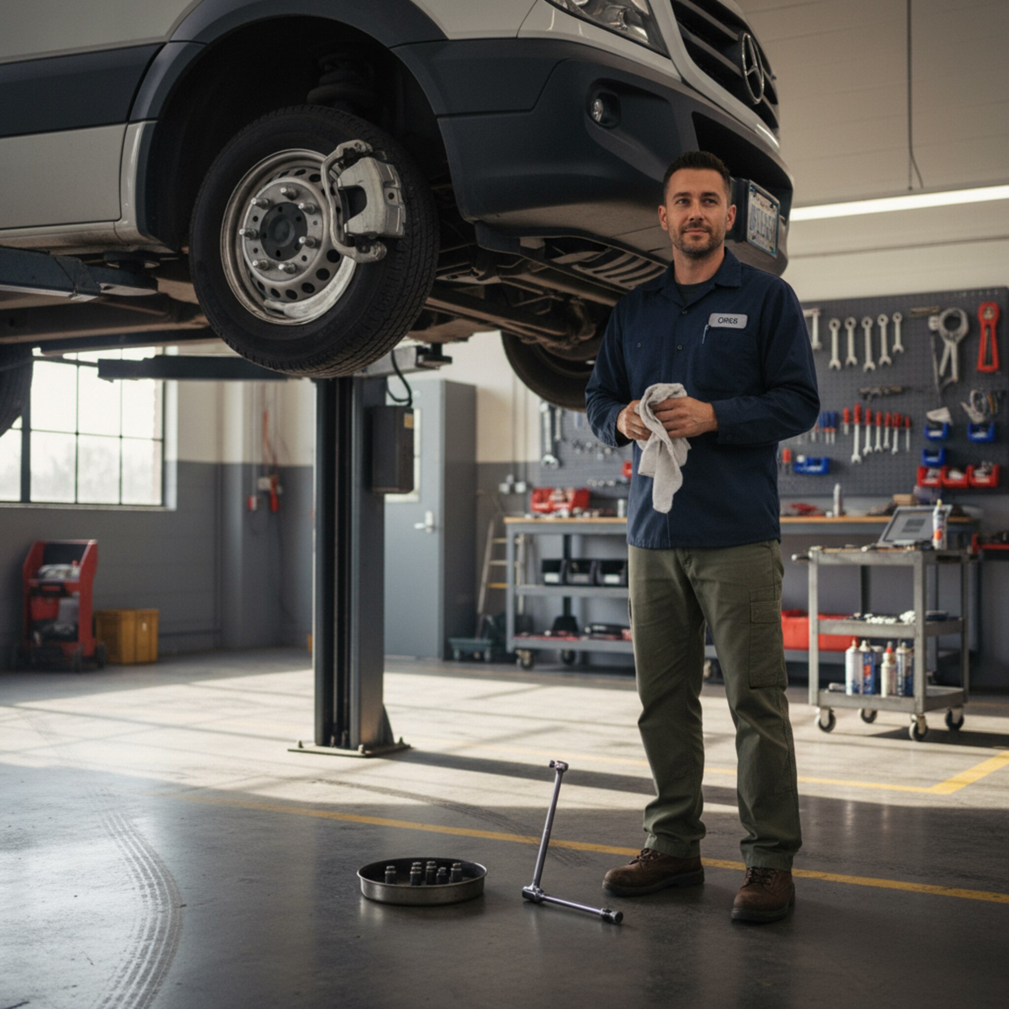 Ein Fahrzeug steht auf einer Hebebühne, das Rad abgenommen, Bremsscheibe sichtbar. Daneben liegen Radmuttern ordentlich in einer kleinen Schale. Ein Mechaniker wischt sich in einer ruhigen Bewegung die Hände ab, warmes Licht fällt durch hohe Fenster auf den Werkstattboden.