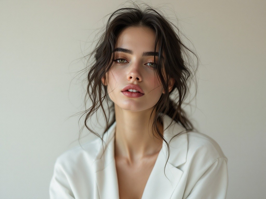 A woman with long brown hair wearing a white blazer.