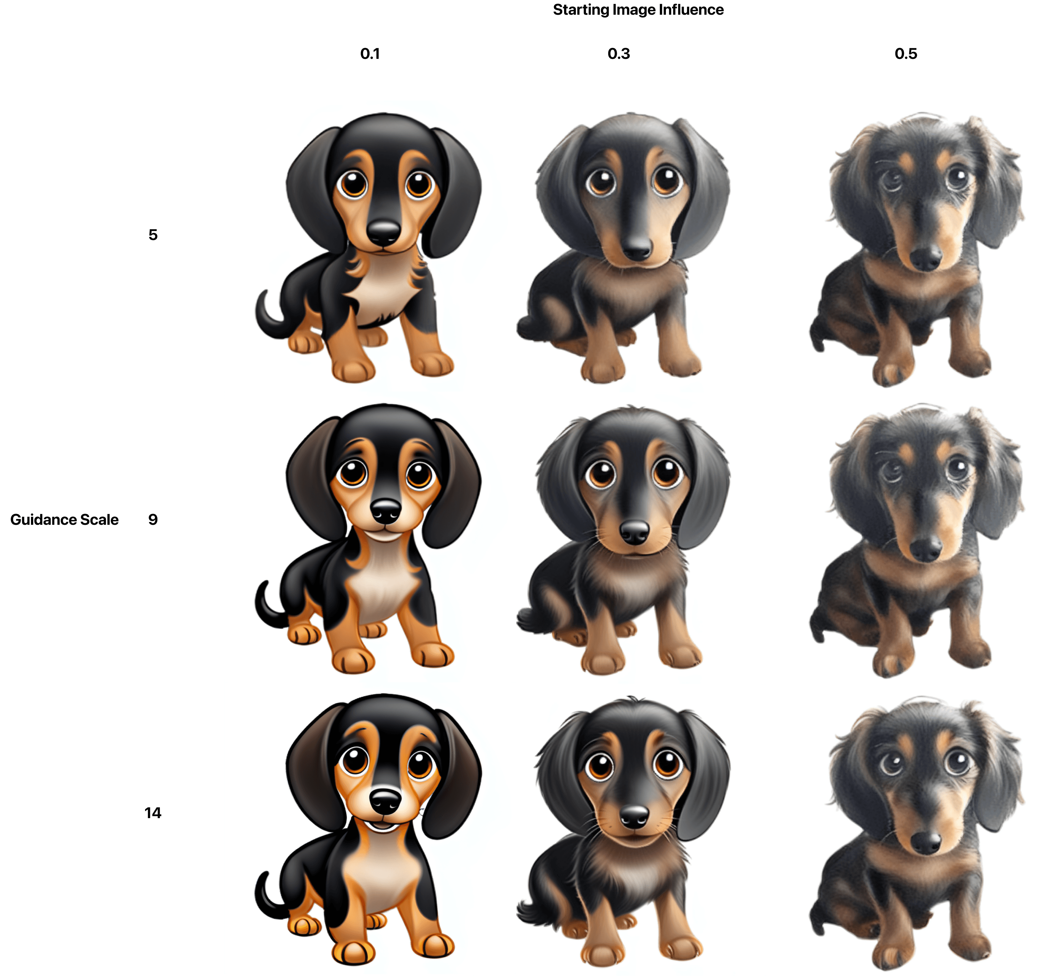 A comparison chart of how different settings impact an AI generated emoji