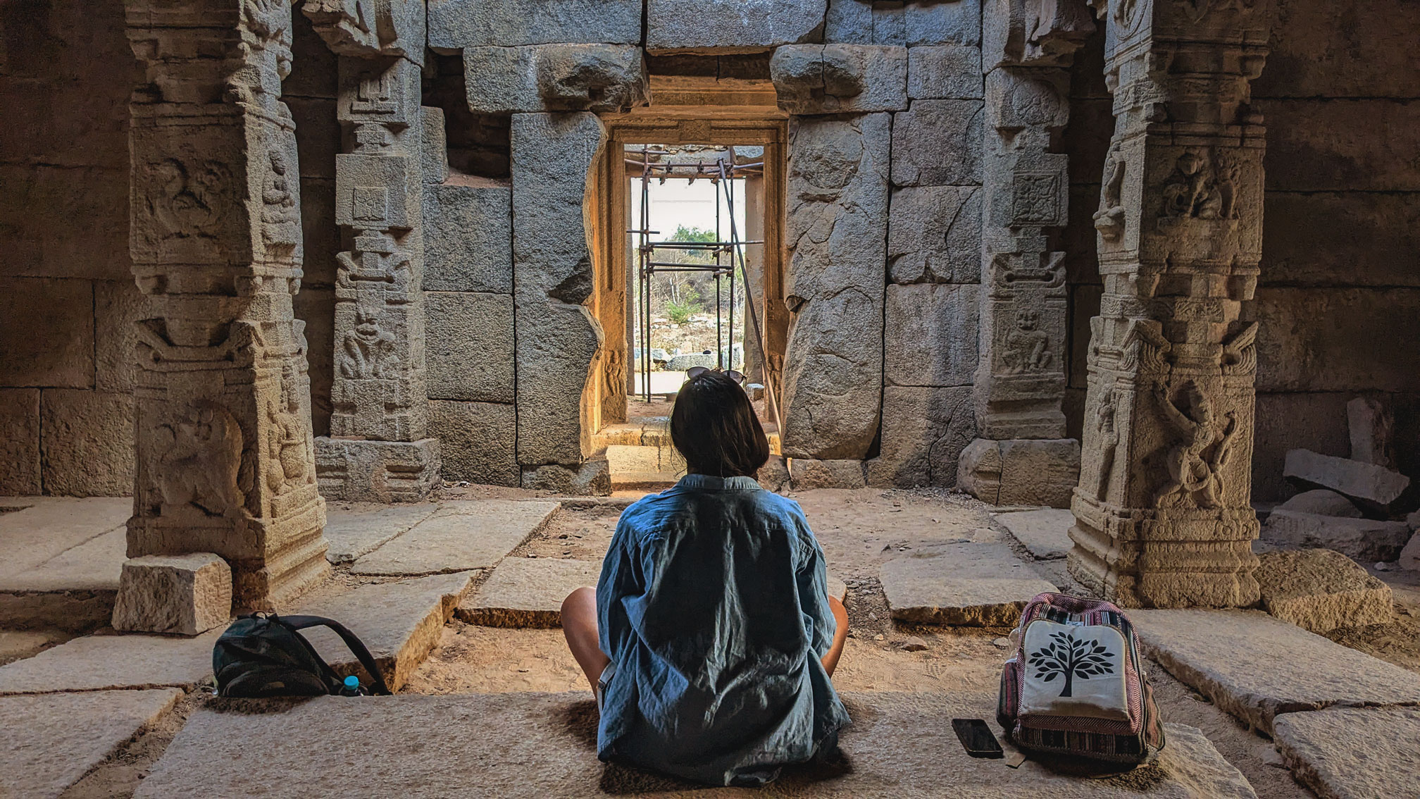 Gabriela meditating at Hampi temple