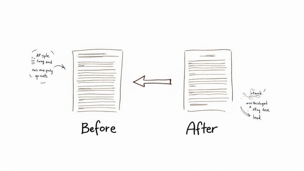 A person typing on a laptop with creative graphics, symbolizing the process of writing a press release with impact.