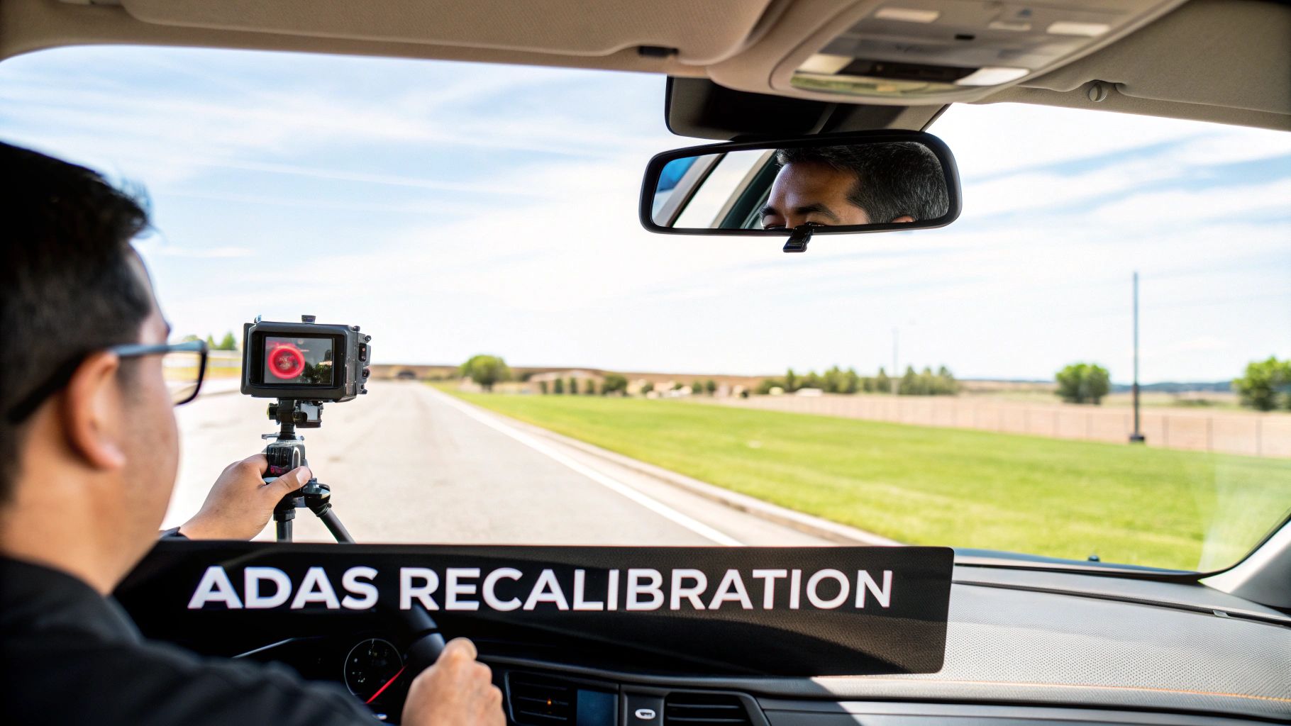 Technician performing ADAS recalibration using camera equipment on test track after windshield replacement