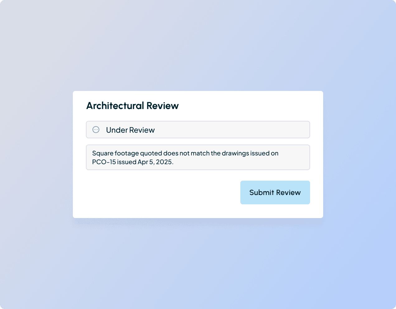 Construction cost management software showing quote and pay application review with approval status and comments