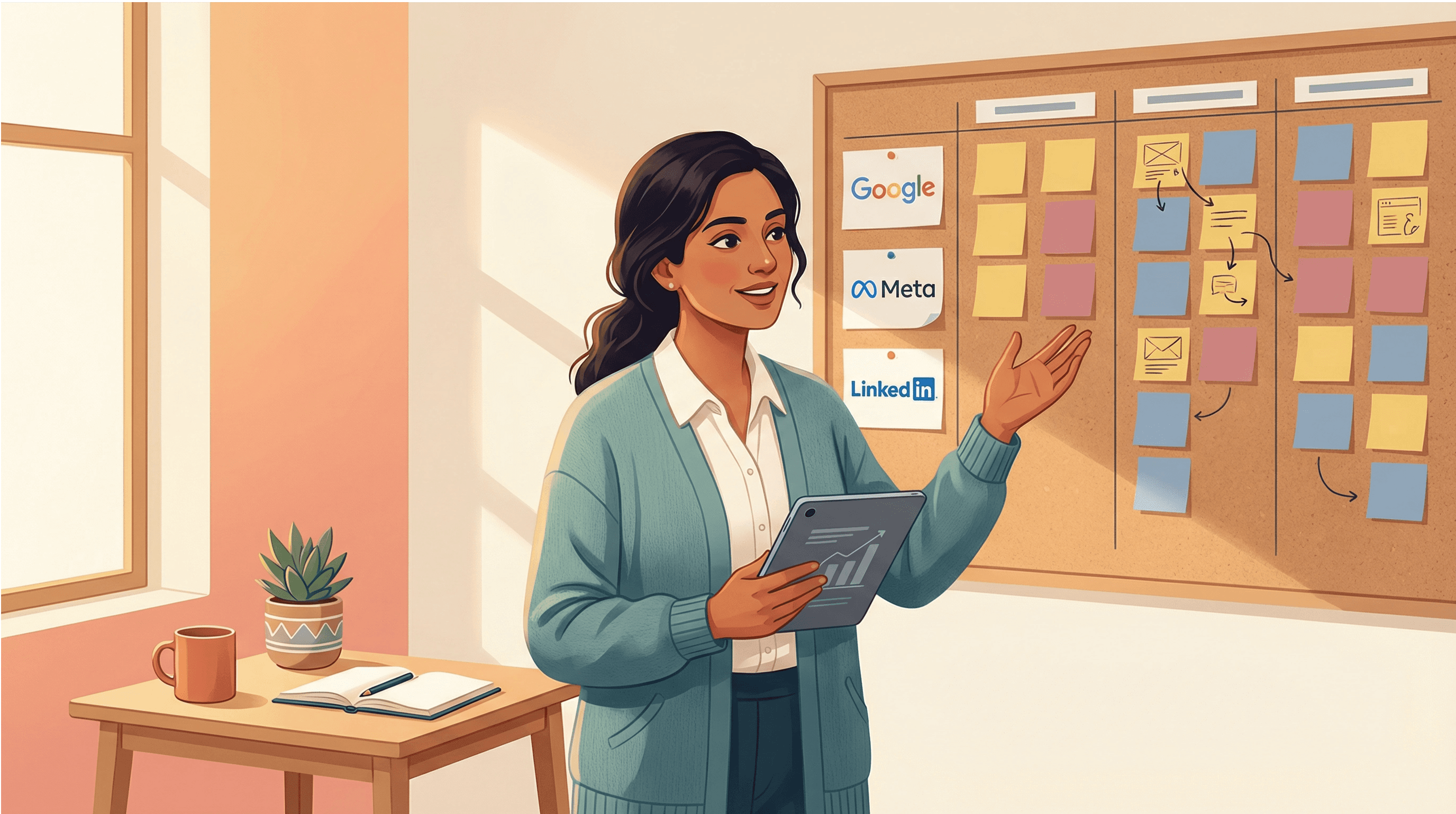 Illustration of a confident small business owner standing in a creative planning studio, holding a tablet while gesturing toward a cork board displaying Google, Meta, and LinkedIn platform logos alongside colorful sticky notes for comparing advertising options. Warm natural lighting and professional workspace convey strategic decision-making and empowerment.