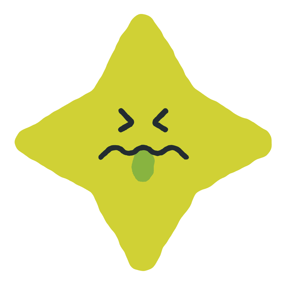 Illustration d'une mascotte verte qui fait une grimace.