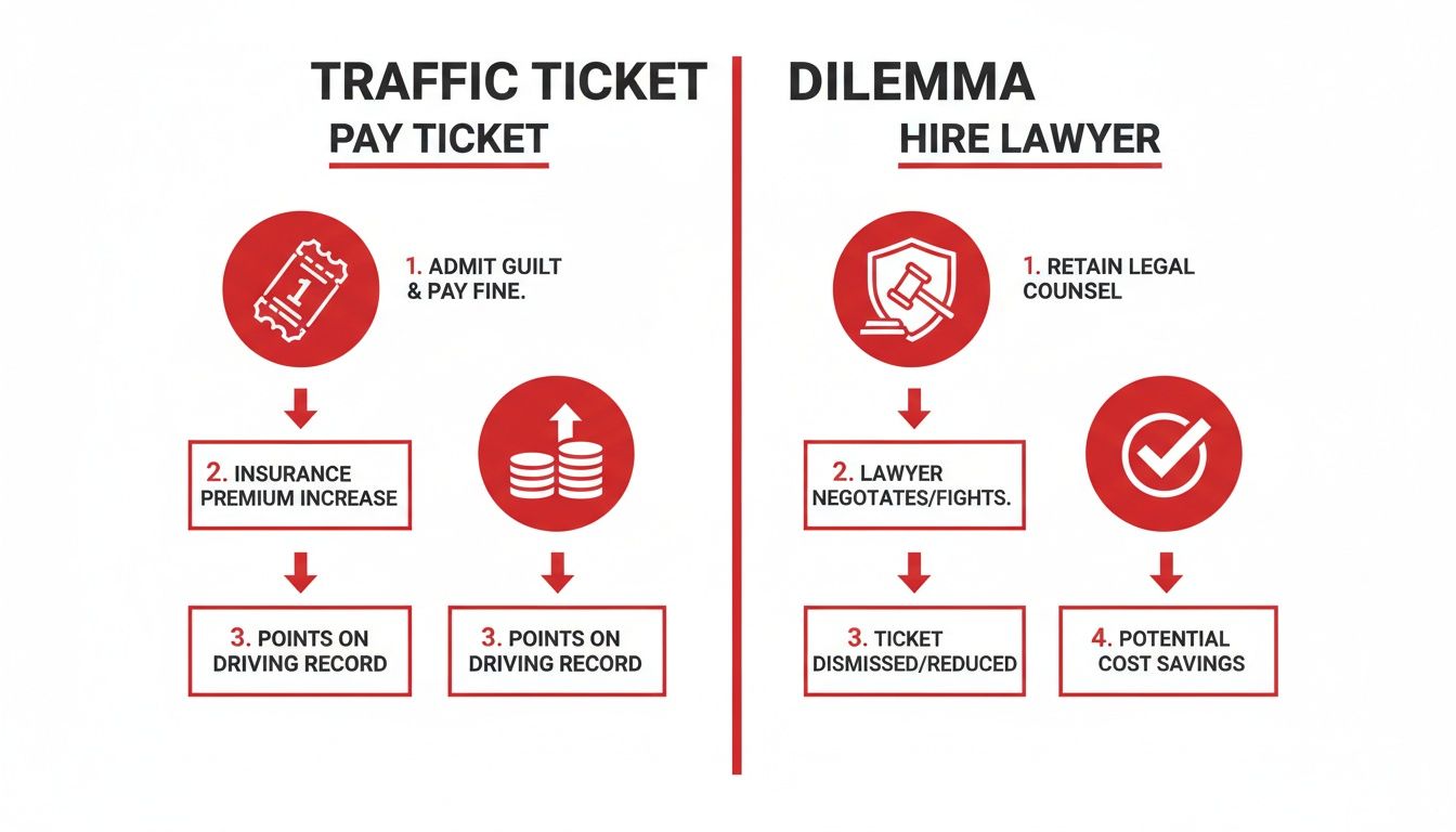 Flowchart comparing the consequences of paying a traffic ticket versus hiring a lawyer.