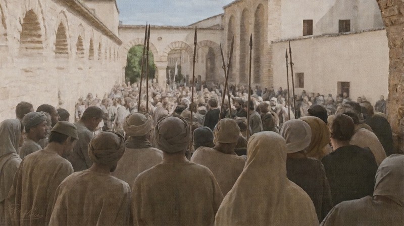 Sacred artwork by Faith and Verse. © Faith and Verse, 2026. All rights reserved. Crowd gathered around an execution site in a public square in Córdoba, al-Andalus, 9th century, viewed from within the crowd, with Umayyad horseshoe arches and armed guards visible.