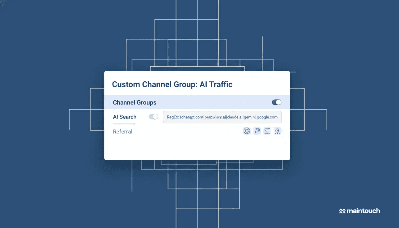 Clean, modern illustration of Google Analytics 4 dashboard interface showing custom channel group setup for AI traffic tracking. Display a simplified GA4 admin panel with 