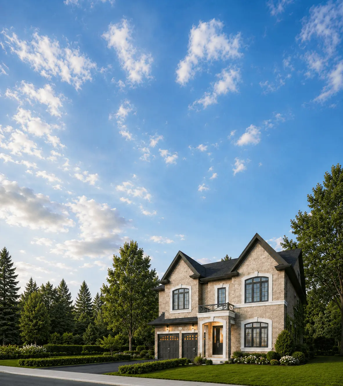 New custom infill home in established Pickering neighbourhood — stone facade with warm interior lighting