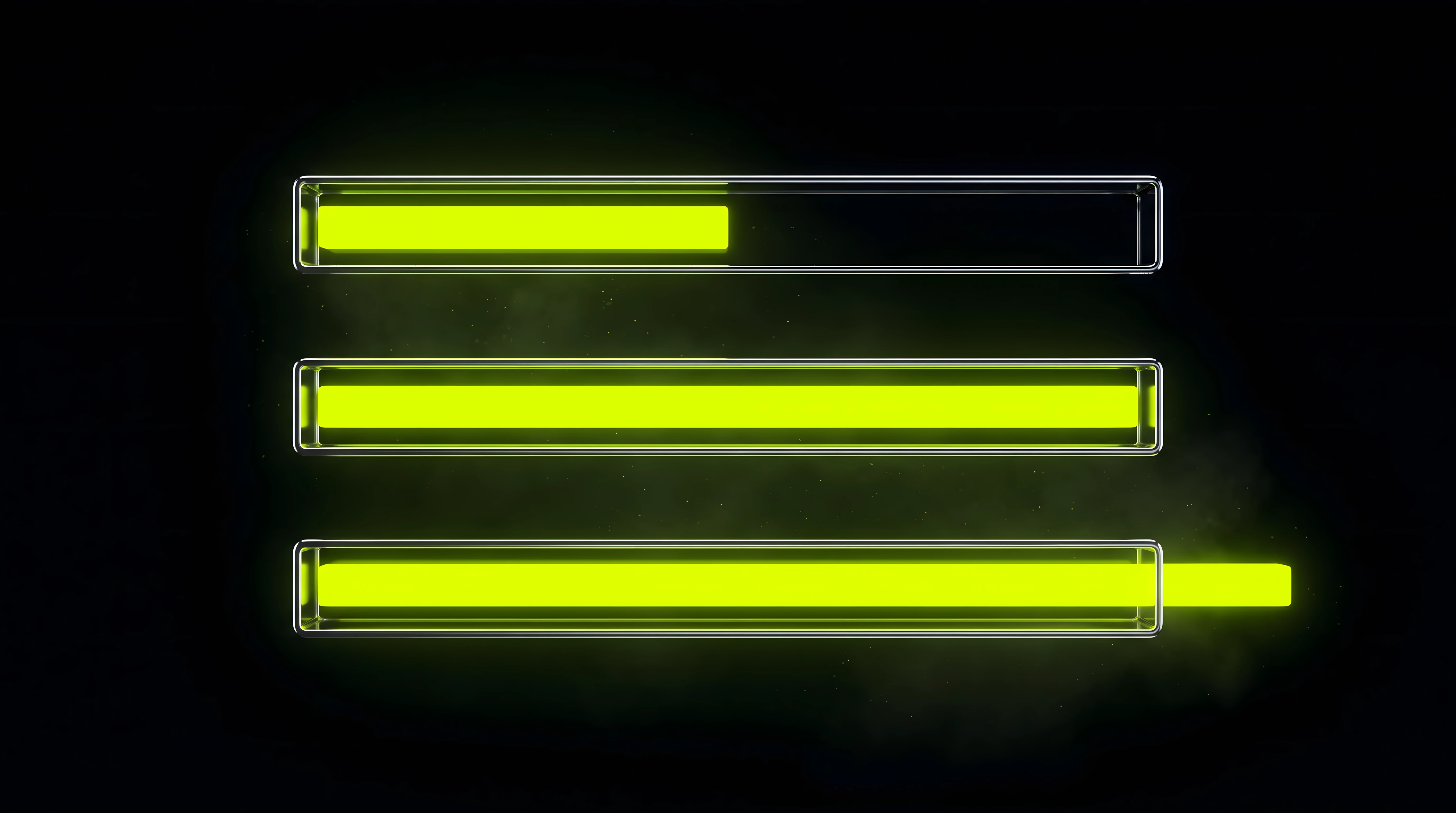 Three identical liquid chrome containers on deep void black holding toxic lime bars of short, matching and excessive length, the longest bar breaking past its container edge, representing copy written by someone other than the designer.