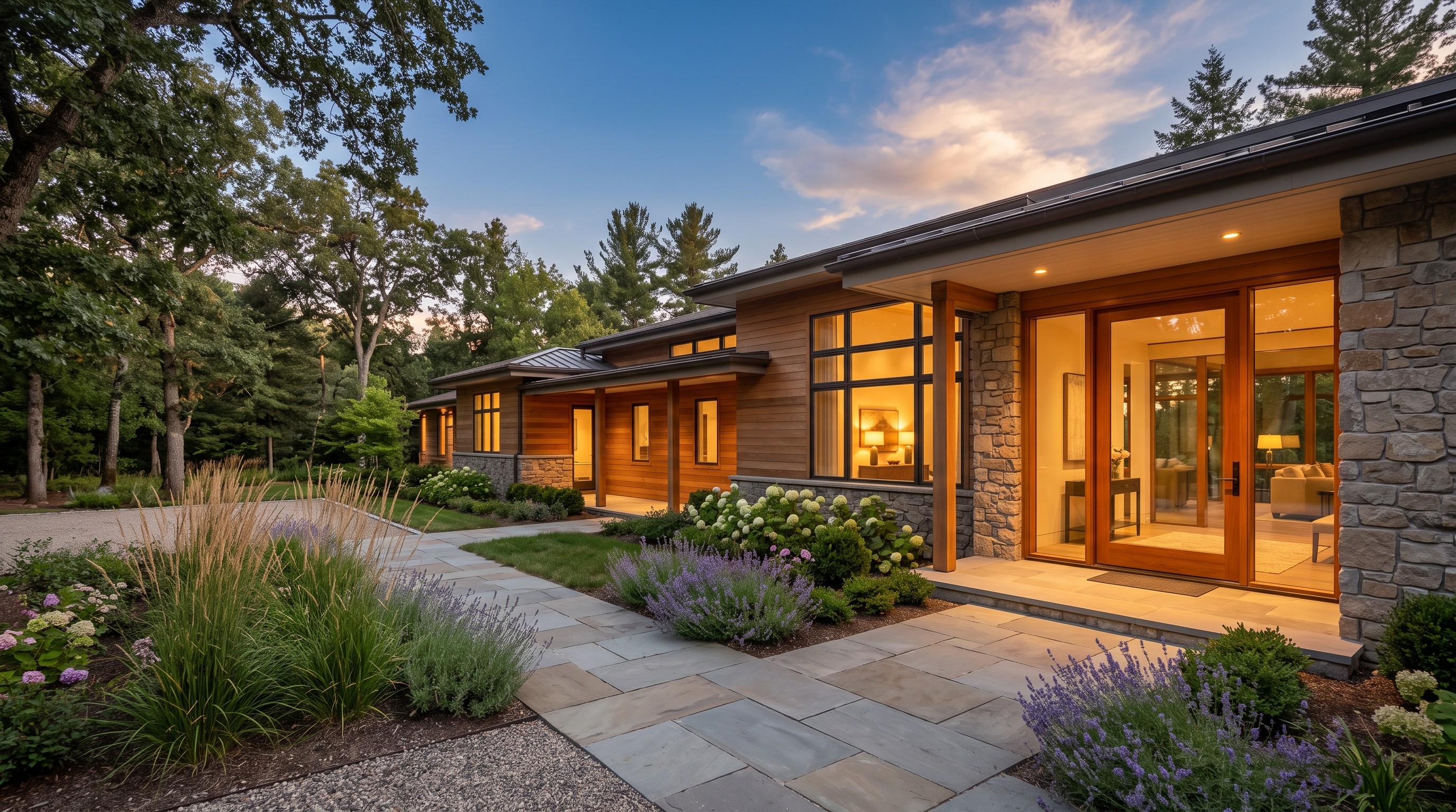 A modern luxury home at golden hour