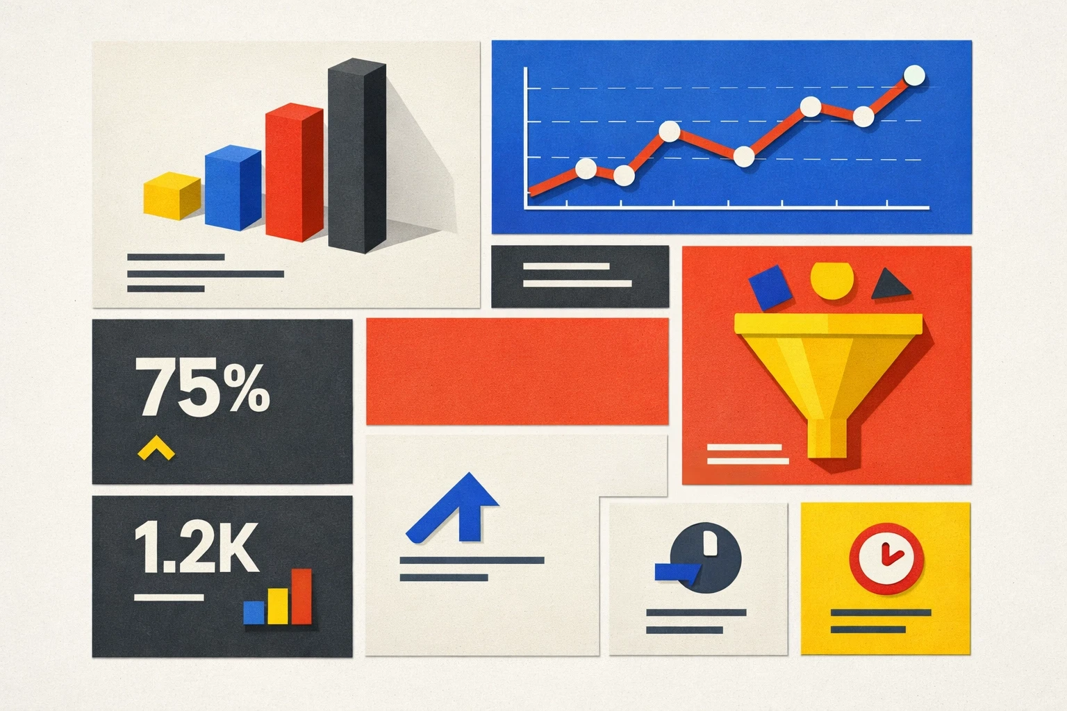 Swiss International and Bento Grid dashboard illustration with KPI tiles, modular analytics panels, sans-serif labels, and matte editorial color blocks