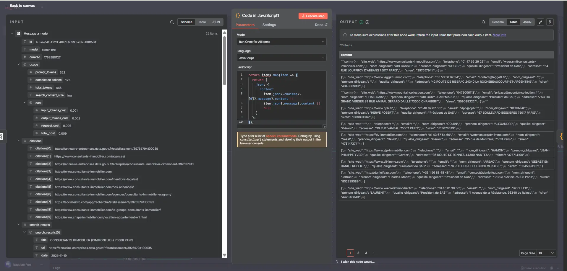 Nettoyage de la réponse IA pour obtenir un JSON propre et standardisé. Garantit un enrichissement fiable et prêt à être stocké.