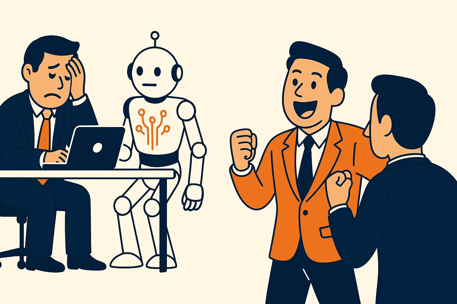 businessman-sitting-at-a-desk-looking-stressed-next-to-a-robot-while-two-businessmen-in-orange-jackets-stand-cheering-and-smiling