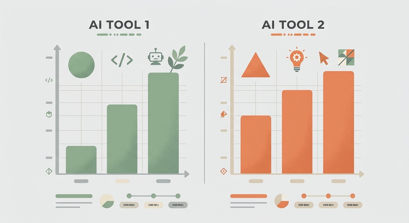 Flat illustration of two simplified bar charts in orange and green comparing the performance of two AI coding agents on abstract benchmarks