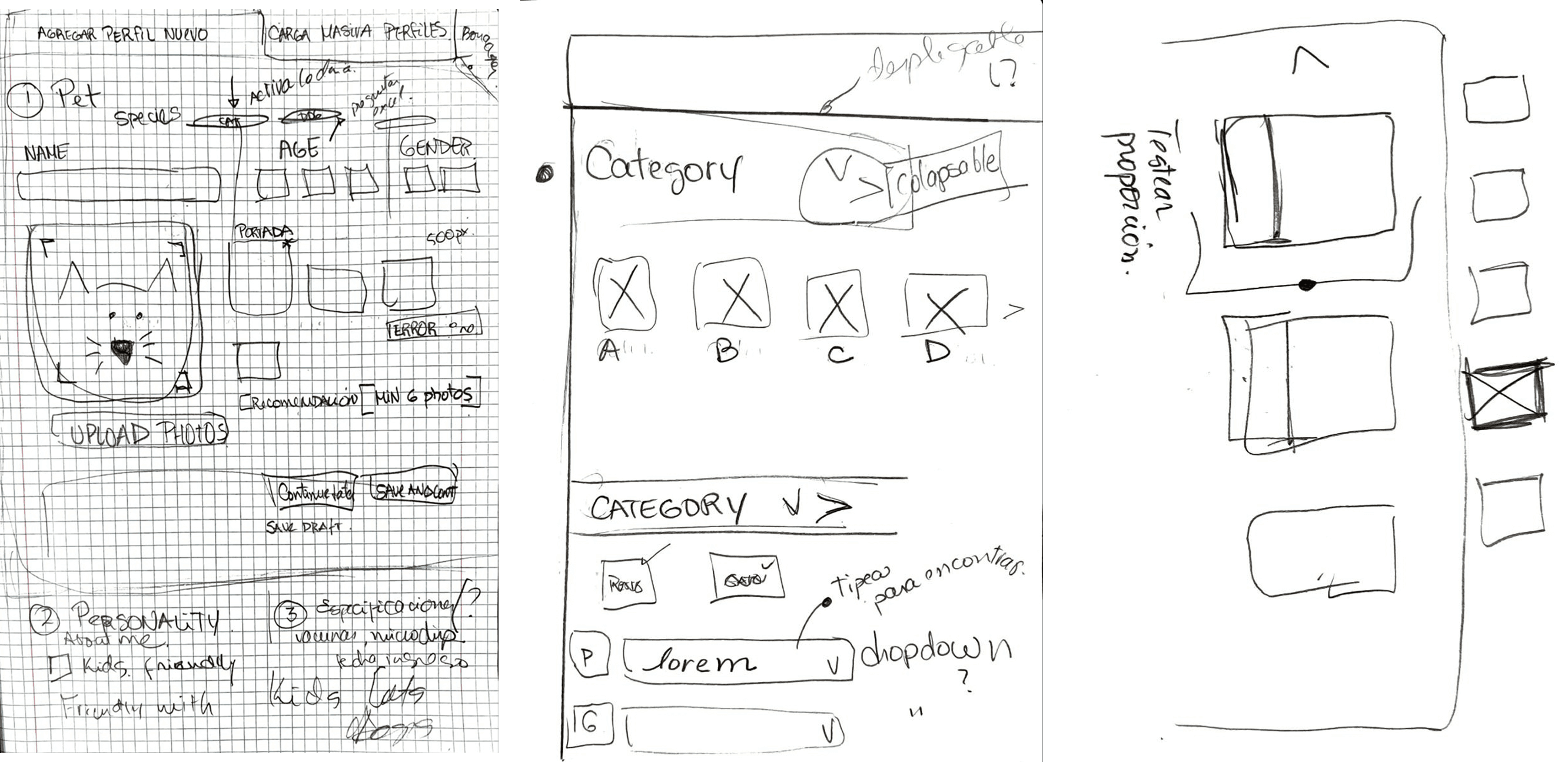 Wireframe design of a three-panel layout. Left panel: Product grid with filters and greeting. Center panel: Vertical list of products with images and details. Right panel: Three-column product grid with pricing