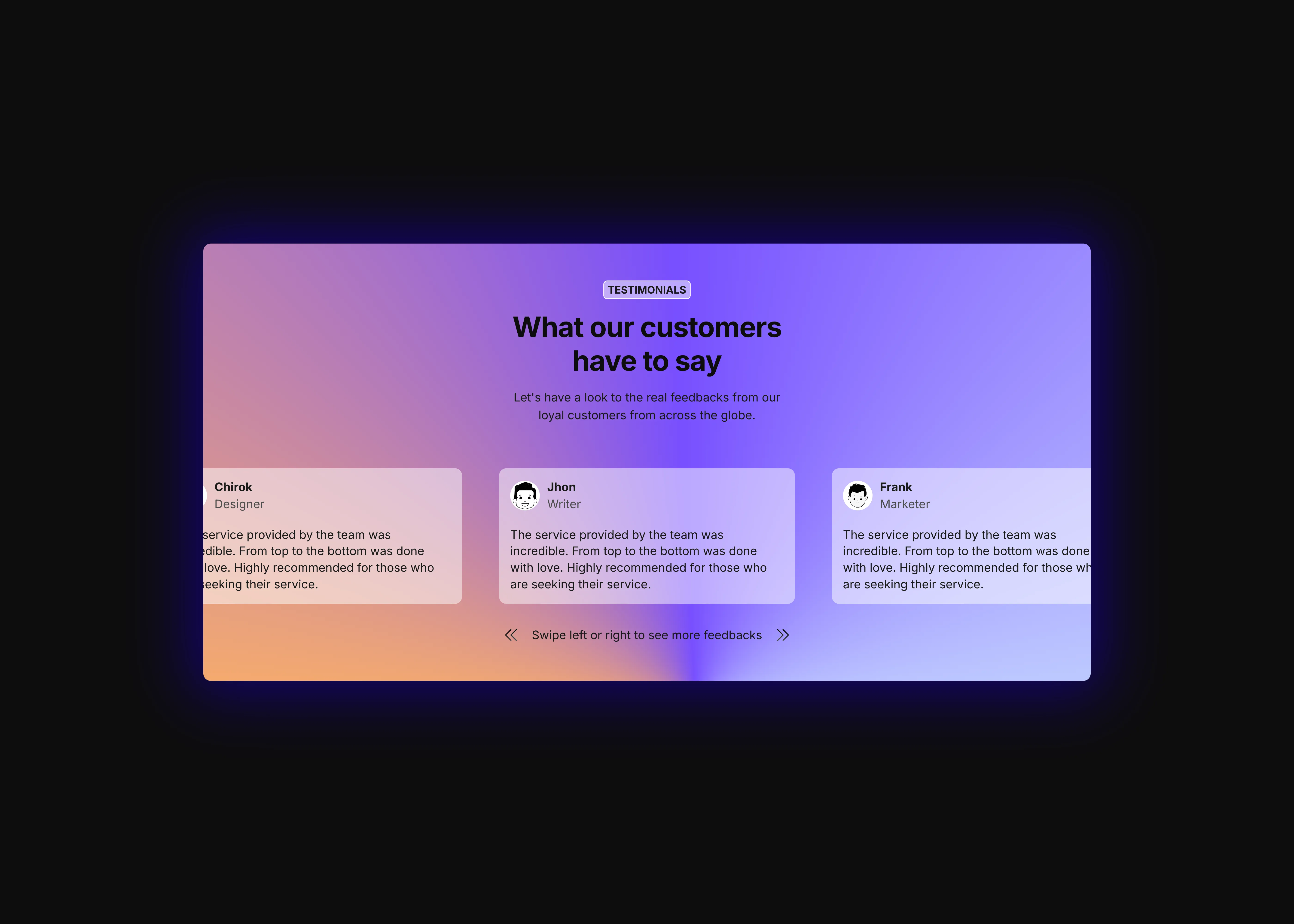 Testimonial section for website design in dark theme for desktop