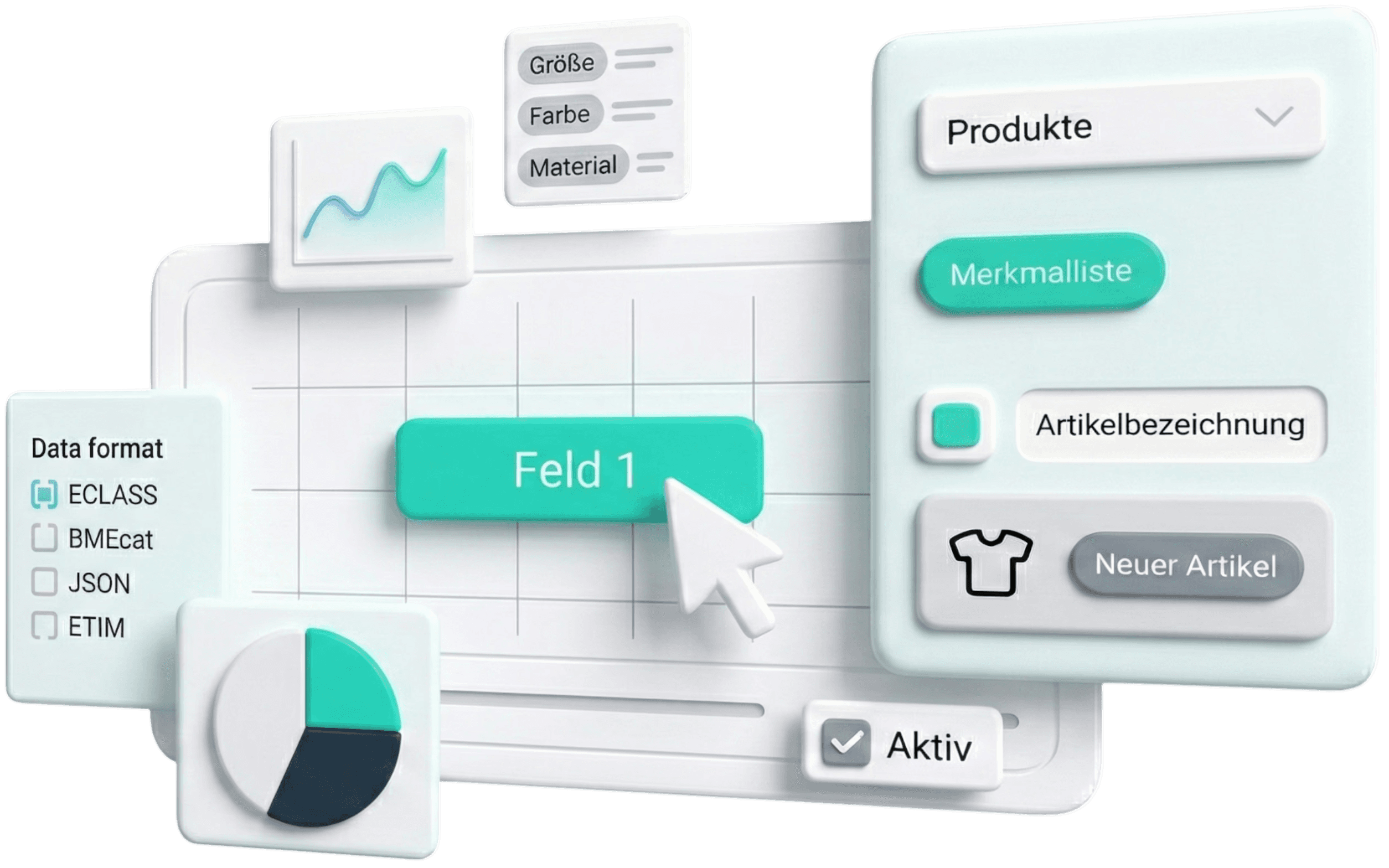 3D-Visualisierung eines flexiblen PIM-Dashboards, das die intuitive Anpassung von Datenfeldern per Mausklick zeigt, umgeben von verschiedenen Datenformaten wie ECLASS und BMEcat sowie Analyse-Diagrammen.