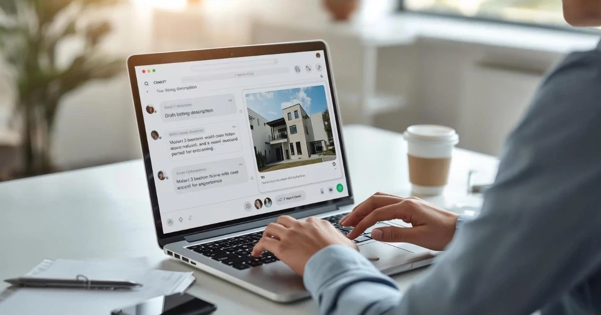 Real estate agent using ChatGPT on a laptop to draft a listing description with a property photo on screen.