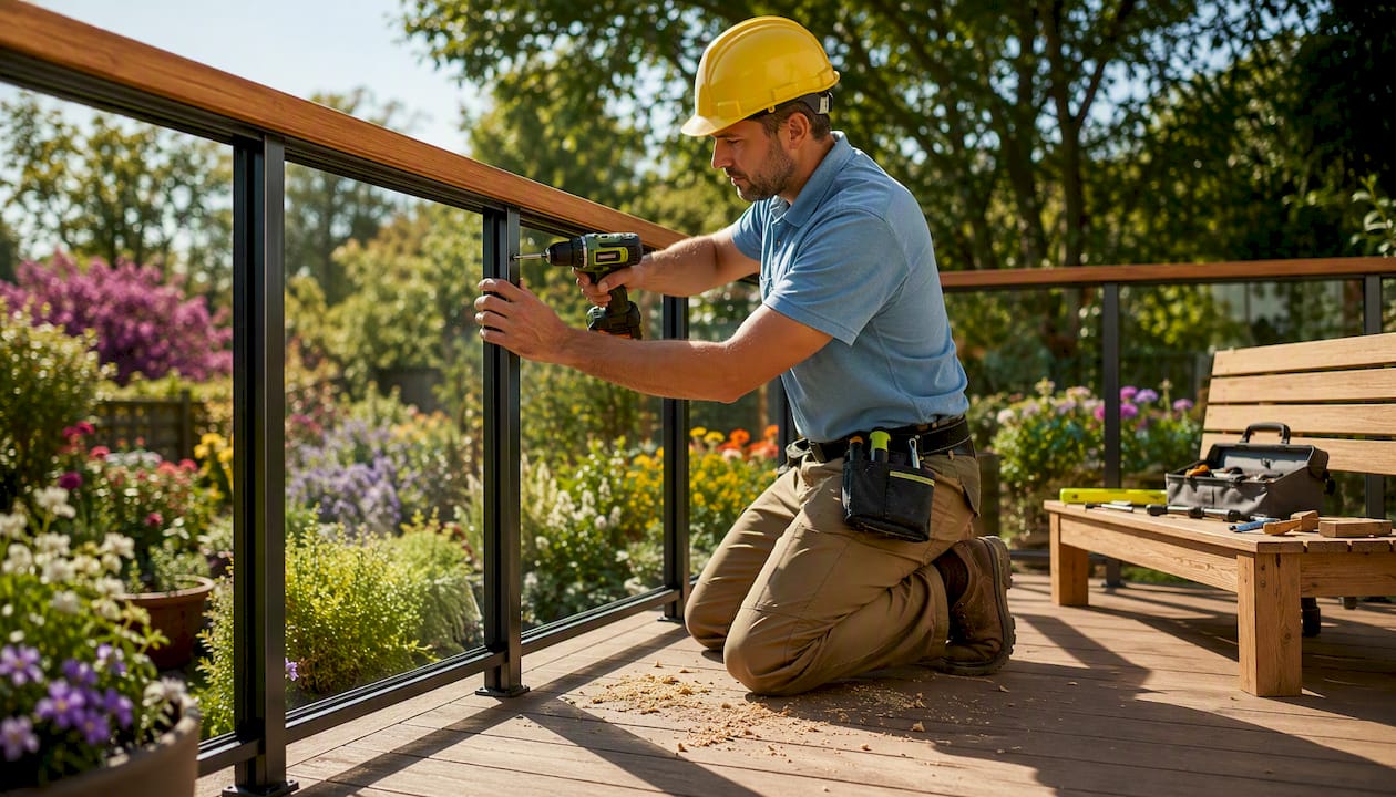 Craftsman installing mixed-material deck railing