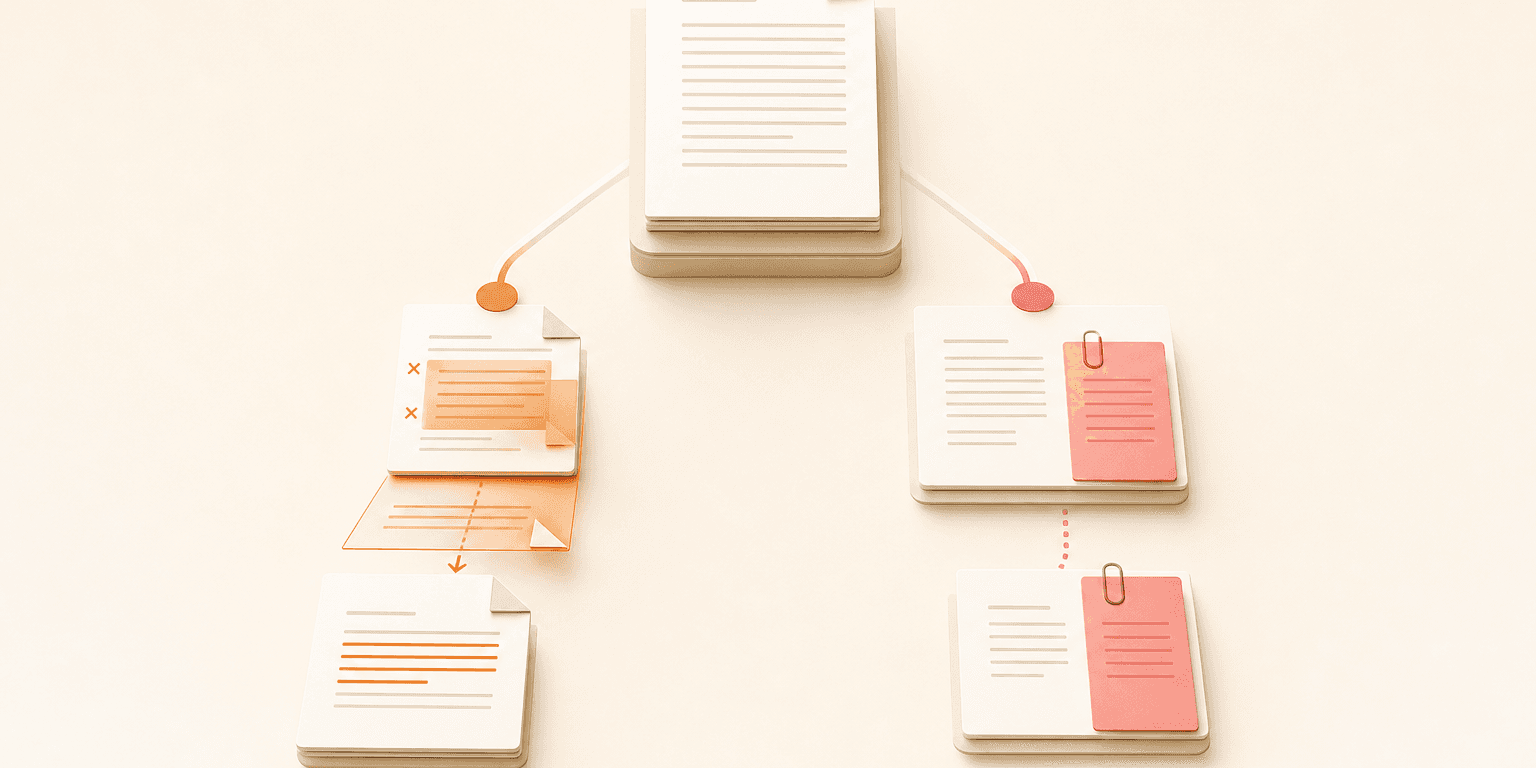 A master agreement branching into an amendment that changes existing terms and an addendum that adds supplemental terms