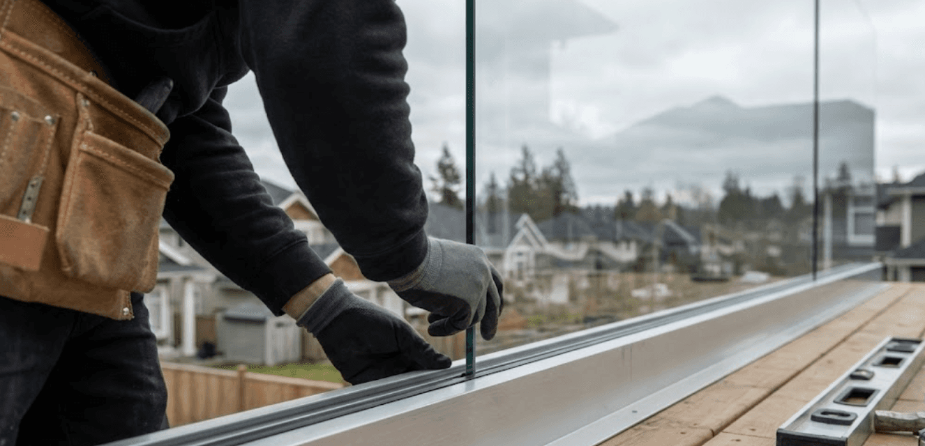 Close-up shot of a professional installer's hands carefully adjusting a frameless glass railing panel on a residential deck in Abbotsford BC. Suburban Fraser Valley neighbourhood visible in soft focus background. Focus on precision and craftsmanship. Clean 12mm glass panel, aluminum base shoe mounting system visible. Overcast Pacific Northwest daylight. Tool belt visible at edge of frame. Photorealistic, documentary style, shallow depth of field.