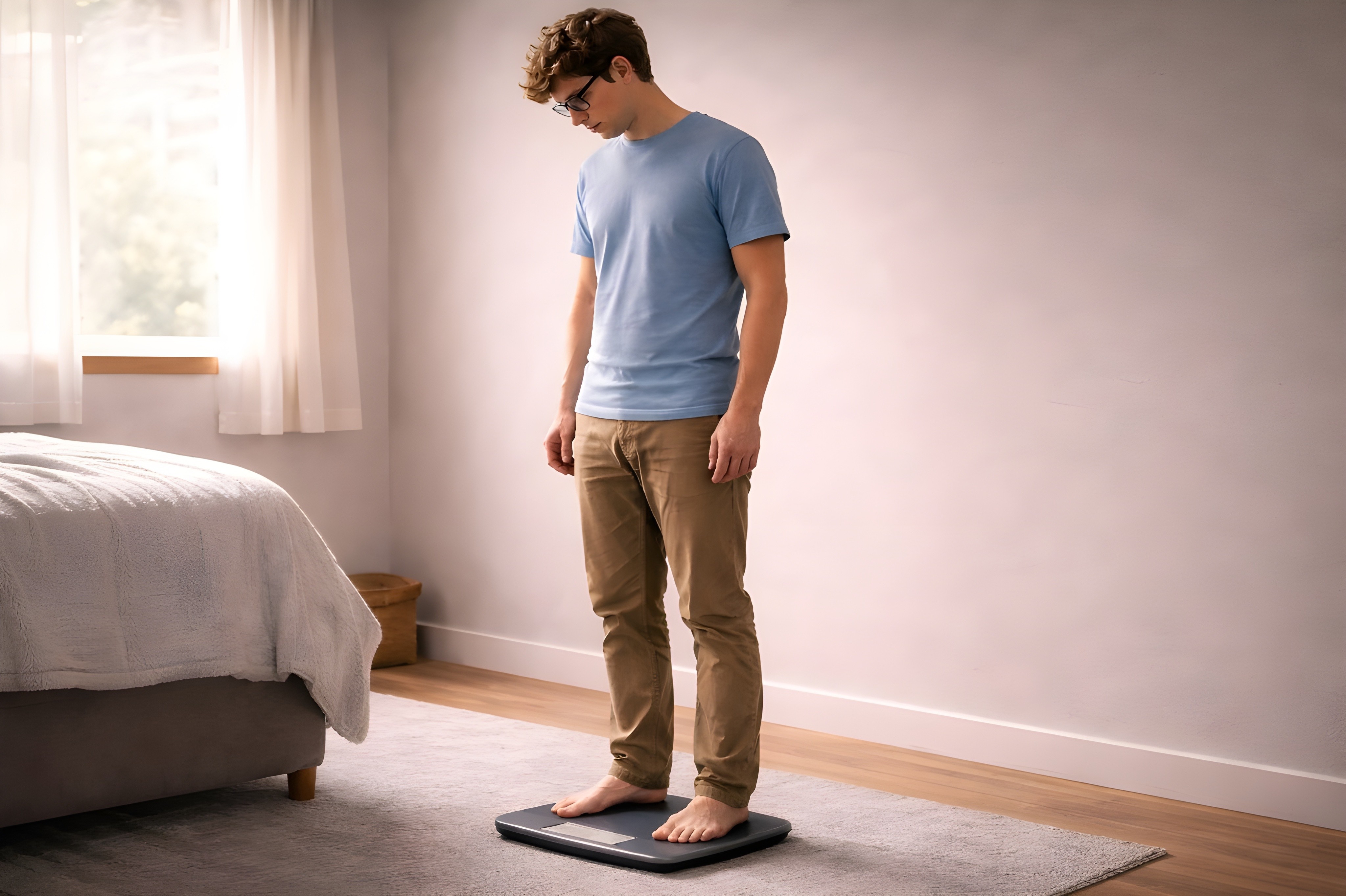 Young adult man standing on a digital weighing scale at home, illustrating early muscle loss, sarcopenia risk, metabolic health imbalance, insulin resistance, and the limitations of weight alone in assessing true health, emphasizing muscle health, strength, and preventive care for long-term wellness.