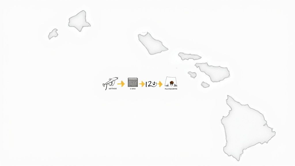 A happy dog with a flower lei sitting on a Hawaiian beach