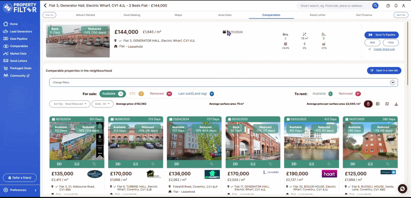 Property Filter price per square foot comparables indicator for flip investors