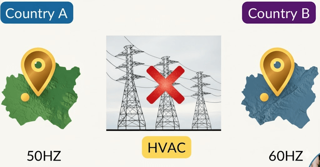 A 50 Hz grid and a 60 Hz grid connected through an HVDC link