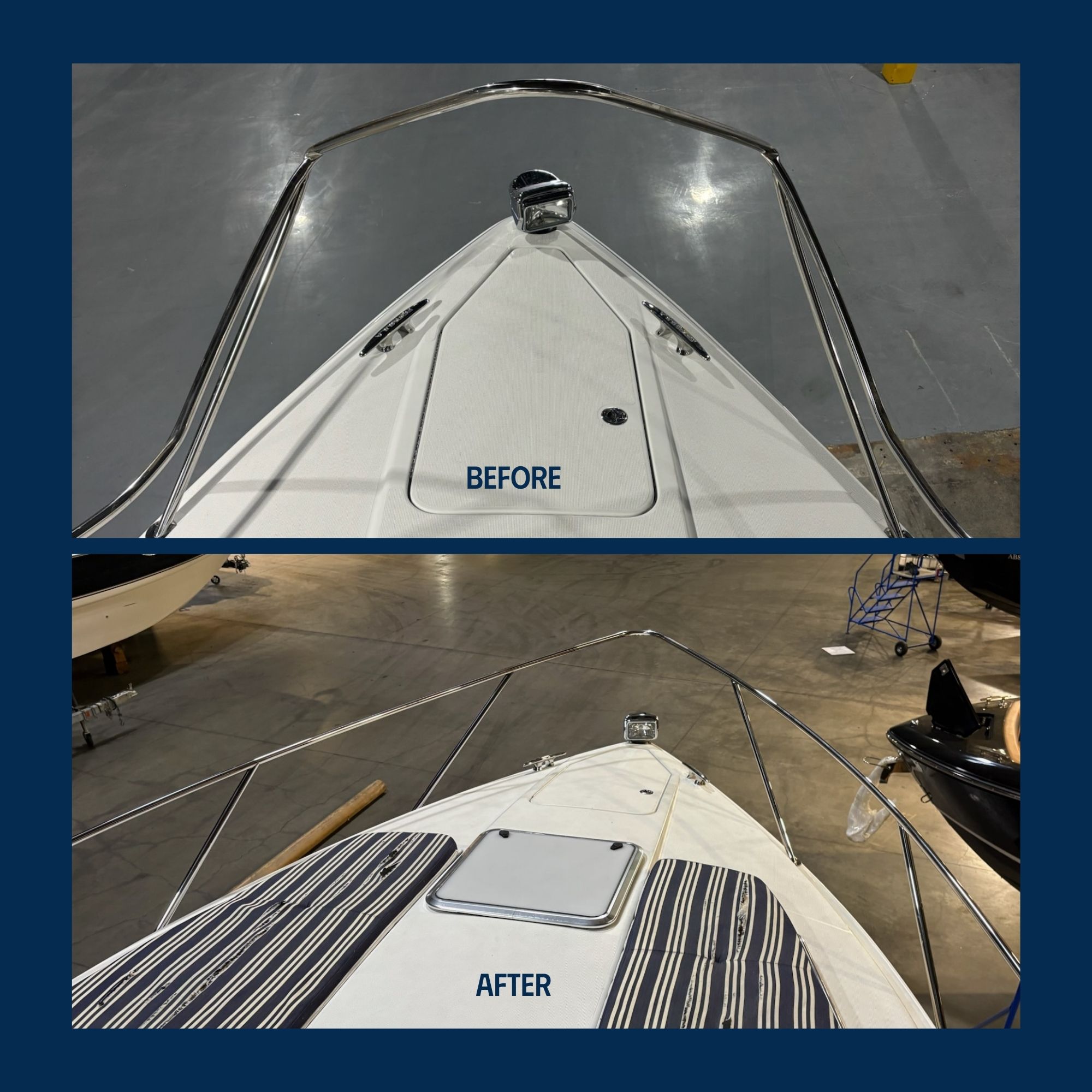 Before and after of a custom railing metal fabrication job on a boat