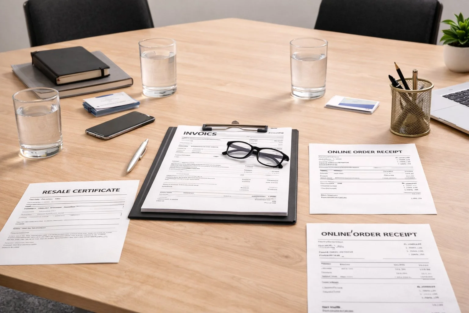 Meeting table set up for a professional consultation, with neatly arranged documents conveying clarity and organization