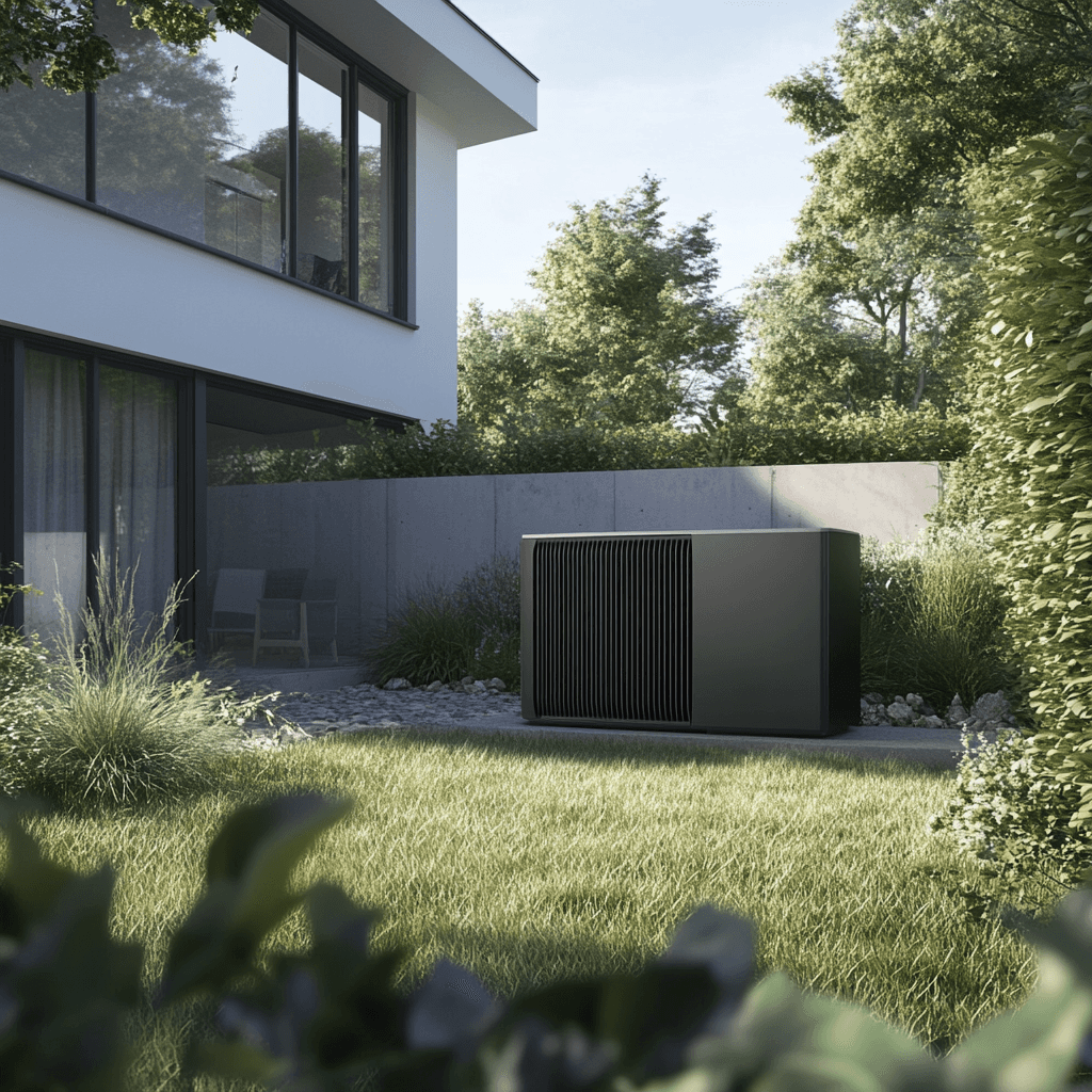 Moderne Wärmepumpe im Garten im stilvollen schwarzen Design